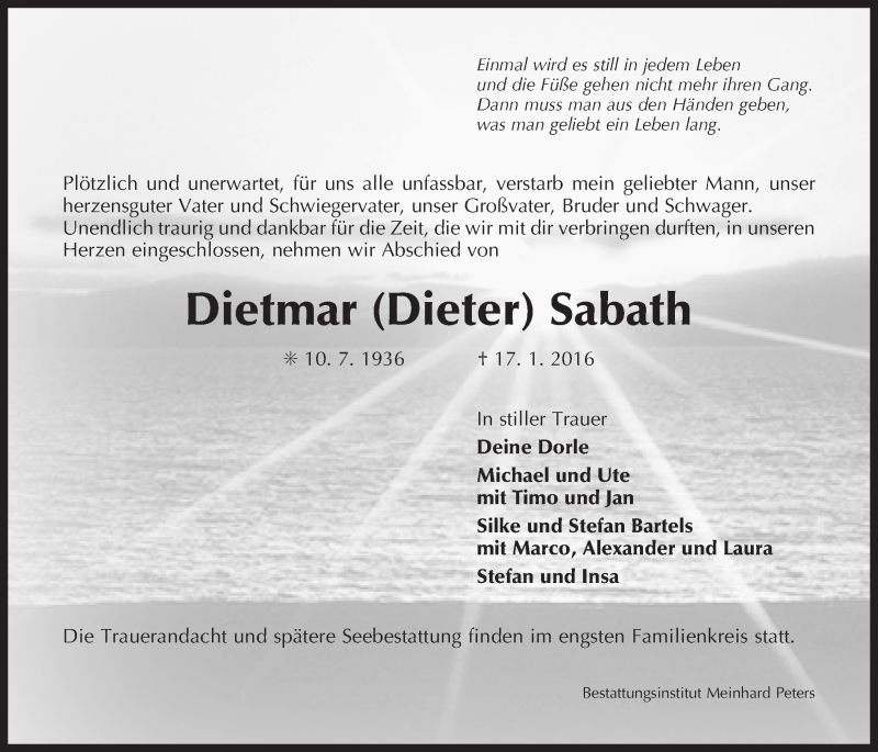  Traueranzeige für Dietmar  Sabath vom 19.01.2016 aus 