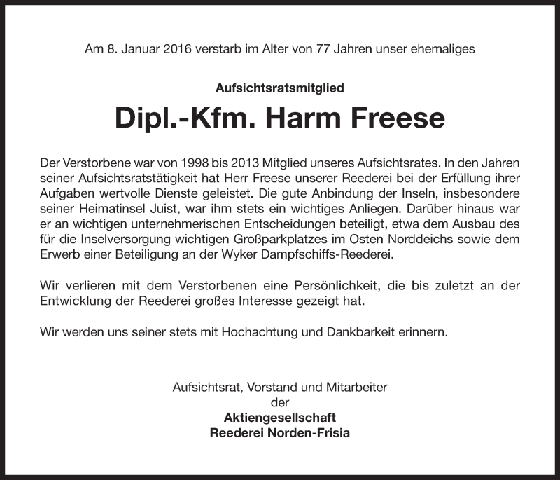  Traueranzeige für Harm Freese vom 09.01.2016 aus 