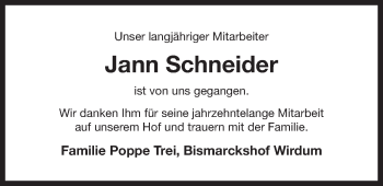 Traueranzeige von Jann Schneider 