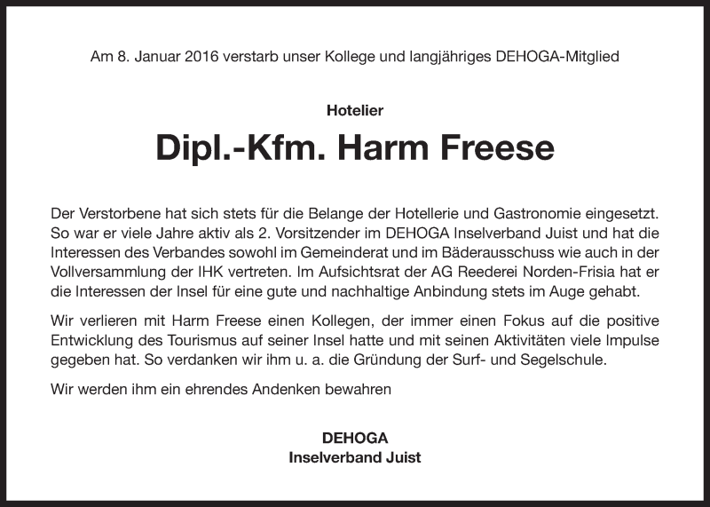  Traueranzeige für Harm Freese vom 12.01.2016 aus 