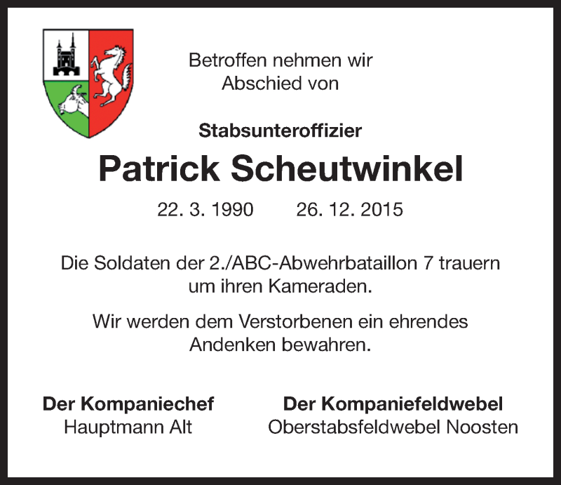  Traueranzeige für Patrick Scheutwinkel vom 05.01.2016 aus 