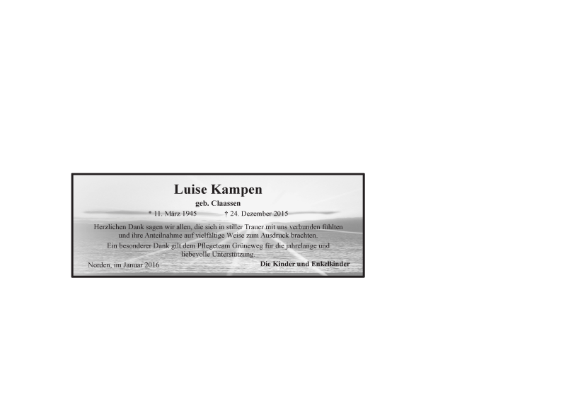  Traueranzeige für Luise Kampen vom 30.01.2016 aus 
