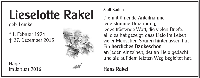  Traueranzeige für Lieselotte Rakel vom 30.01.2016 aus 
