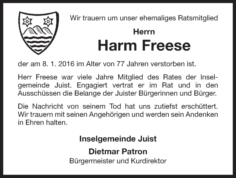  Traueranzeige für Harm Freese vom 12.01.2016 aus 