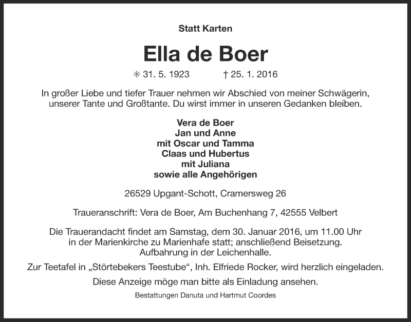  Traueranzeige für Ella de Boer vom 28.01.2016 aus 