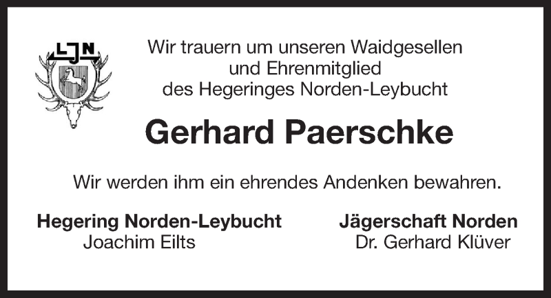  Traueranzeige für Gerhard Paerschke vom 29.01.2016 aus 