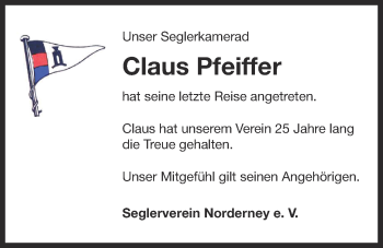 Traueranzeige von Claus Pfeiffer 