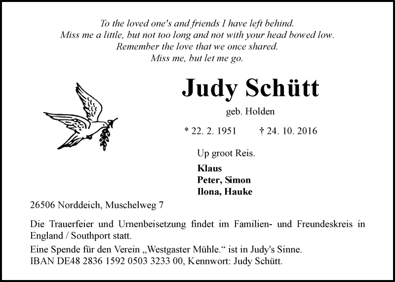  Traueranzeige für Judy Schütt vom 27.10.2016 aus 