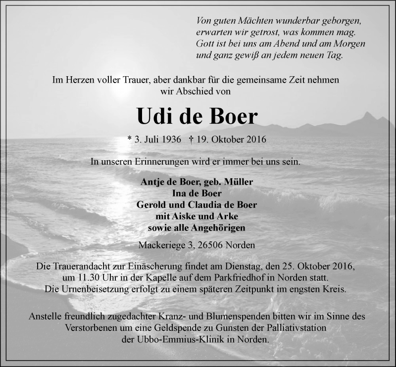  Traueranzeige für Udi de Boer vom 21.10.2016 aus 