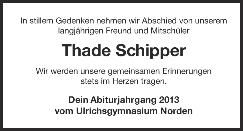  Traueranzeige für Thade Schipper vom 05.10.2016 aus 