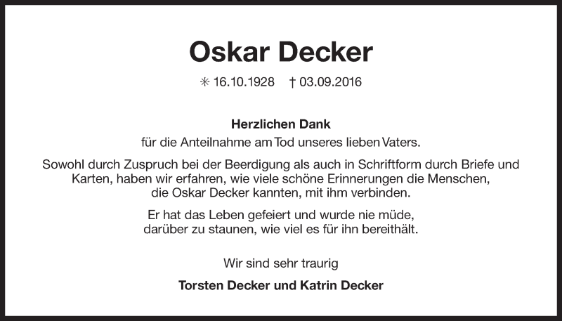  Traueranzeige für Oskar Decker vom 01.10.2016 aus 