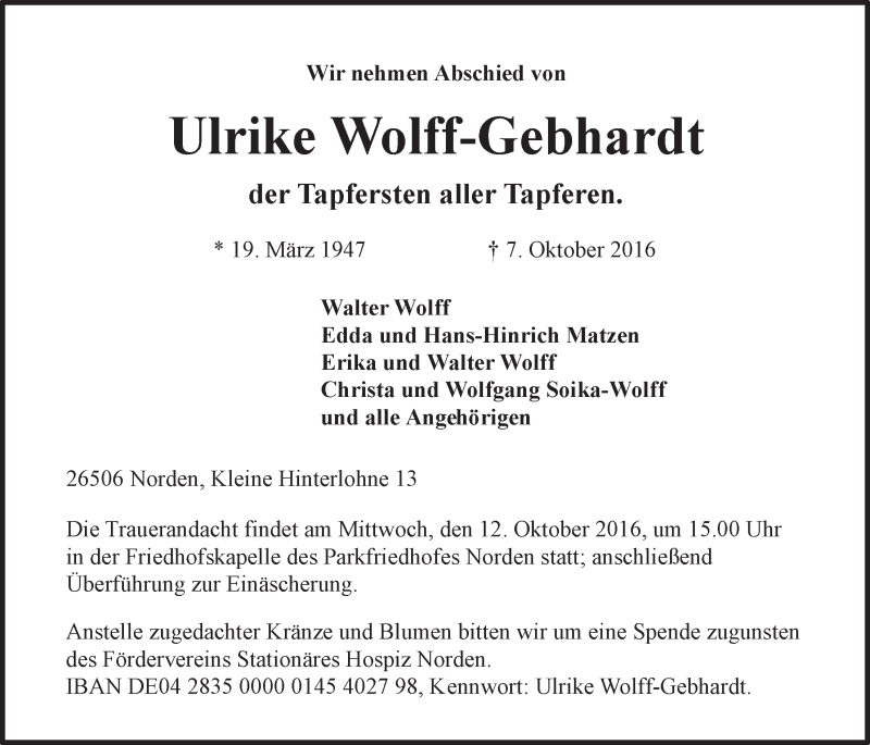  Traueranzeige für Ulrike Wolff-Gebhardt vom 08.10.2016 aus 