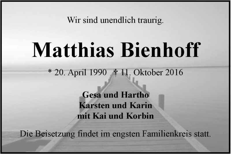  Traueranzeige für Matthias Bienhoff vom 17.10.2016 aus 