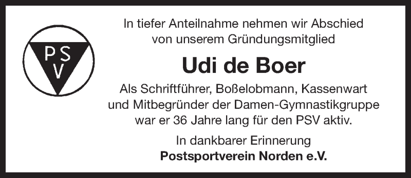  Traueranzeige für Udi de Boer vom 22.10.2016 aus 