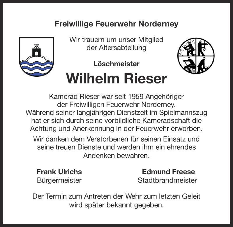  Traueranzeige für Wilhelm Rieser vom 18.10.2016 aus 