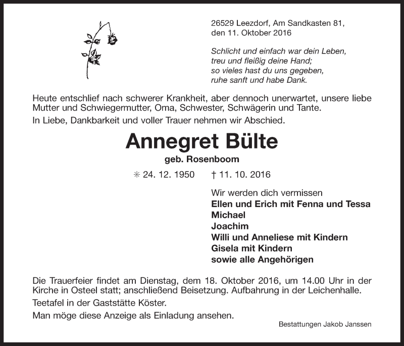  Traueranzeige für Annegret Bülte vom 13.10.2016 aus 