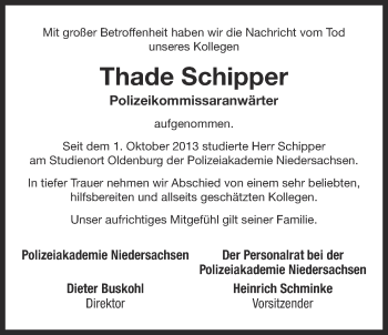 Traueranzeige von Thade Schipper 