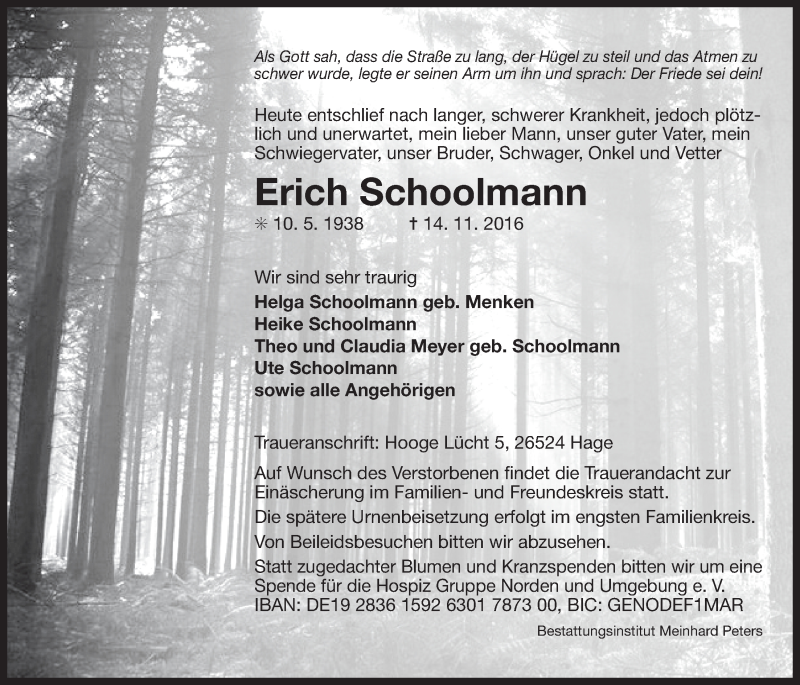  Traueranzeige für Erich Schoolmann vom 16.11.2016 aus 