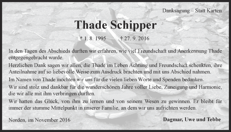  Traueranzeige für Thade Schipper vom 05.11.2016 aus 