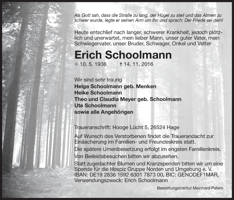  Traueranzeige für Erich Schoolmann vom 17.11.2016 aus 