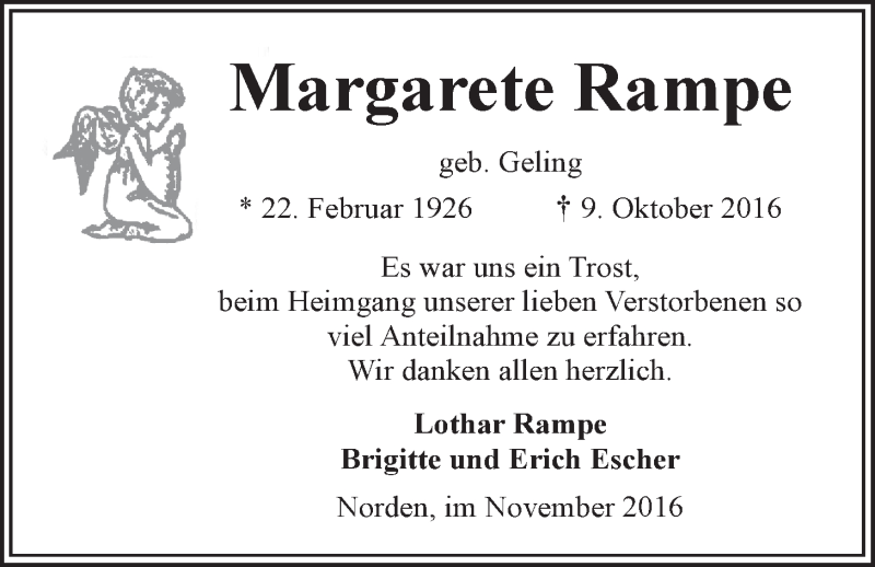  Traueranzeige für Margarete Rampe vom 05.11.2016 aus 