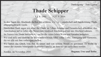 Traueranzeige von Thade Schipper 