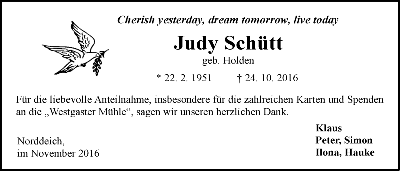  Traueranzeige für Judy Schütt vom 26.11.2016 aus 