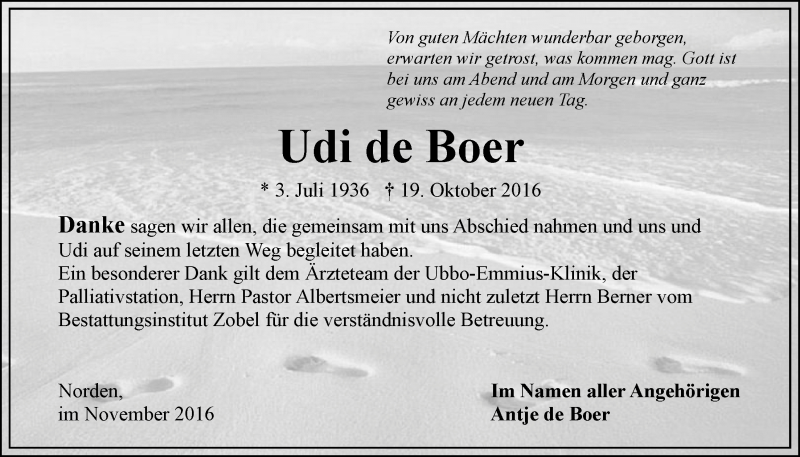  Traueranzeige für Udi de Boer vom 14.11.2016 aus 