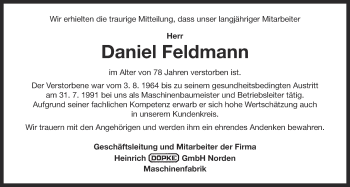 Traueranzeige von Daniel Feldmann 
