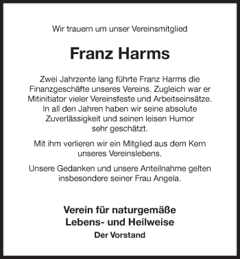 Traueranzeige von Franz Harms 