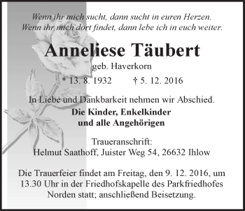 Traueranzeige von Anneliese Täubert 