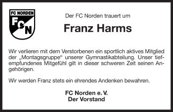 Traueranzeige von Franz Harms 