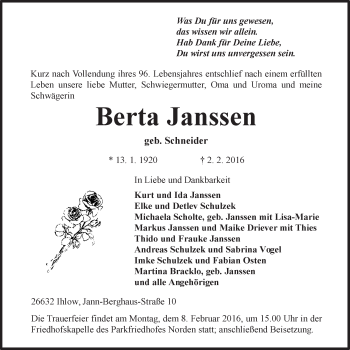Traueranzeige von Berta Janssen 
