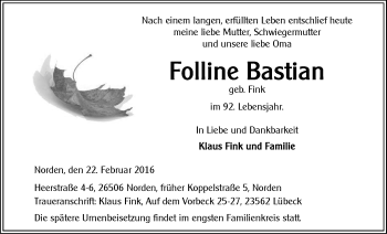 Traueranzeige von Folline Bastian 