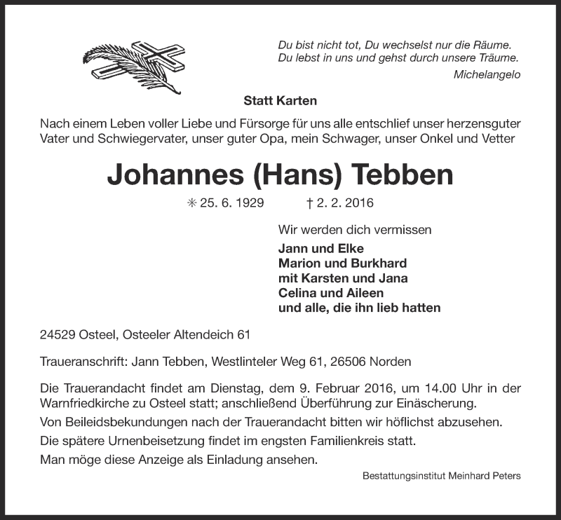  Traueranzeige für Johannes Tebben vom 04.02.2016 aus 