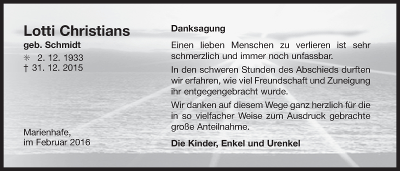  Traueranzeige für Lotti Christians vom 13.02.2016 aus 