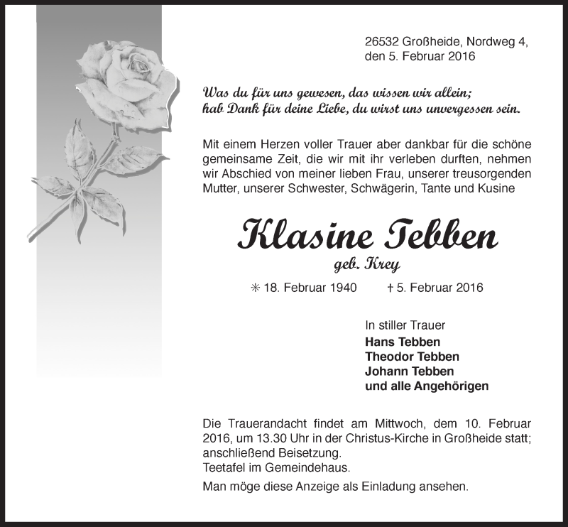  Traueranzeige für Klasine Tebben vom 06.02.2016 aus 