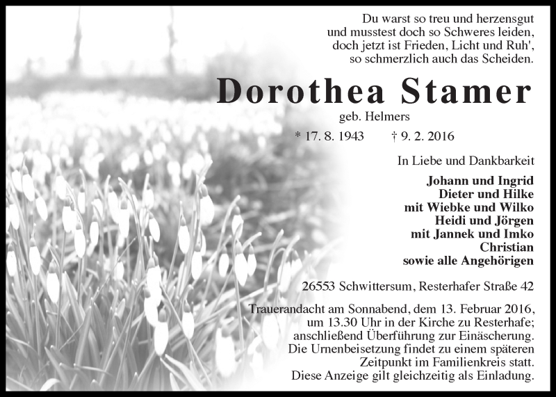  Traueranzeige für Dorothea Stamer vom 11.02.2016 aus 