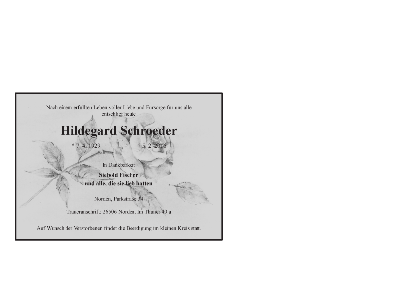  Traueranzeige für Hildegard Schroeder vom 06.02.2016 aus 