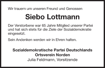 Traueranzeige von Siebo Lottmann 
