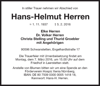 Traueranzeige von Hans-Helmut Herren 