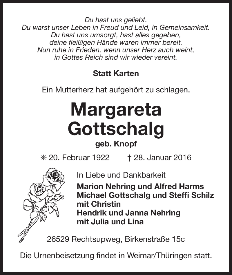  Traueranzeige für Margareta Gottschalg vom 05.02.2016 aus 