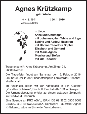 Traueranzeige von Agnes Krützkamp 
