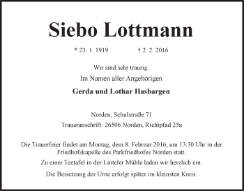 Traueranzeige von Siebo Lottmann 