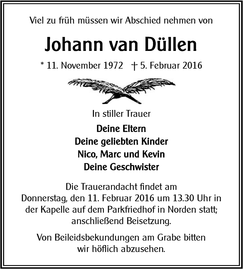  Traueranzeige für Johann van Düllen vom 08.02.2016 aus 