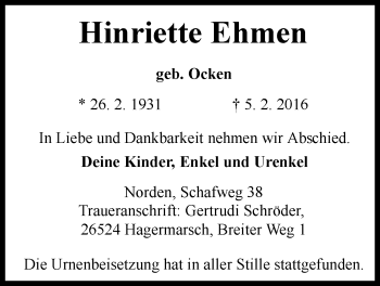 Traueranzeige von Hinriette Ehmen 