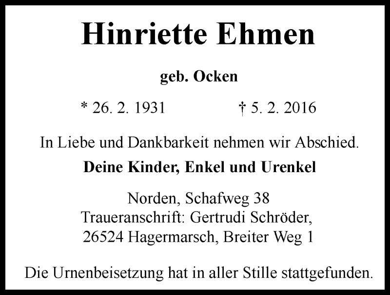  Traueranzeige für Hinriette Ehmen vom 27.02.2016 aus 