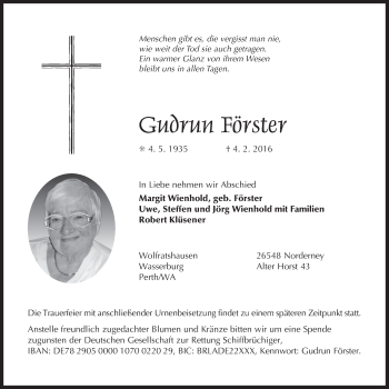 Traueranzeige von Gudrun Förster 