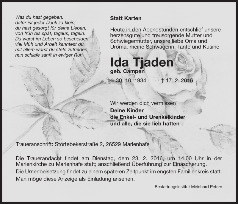  Traueranzeige für Ida Tjaden vom 20.02.2016 aus 