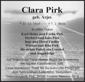 Traueranzeige von Clara Pirk 